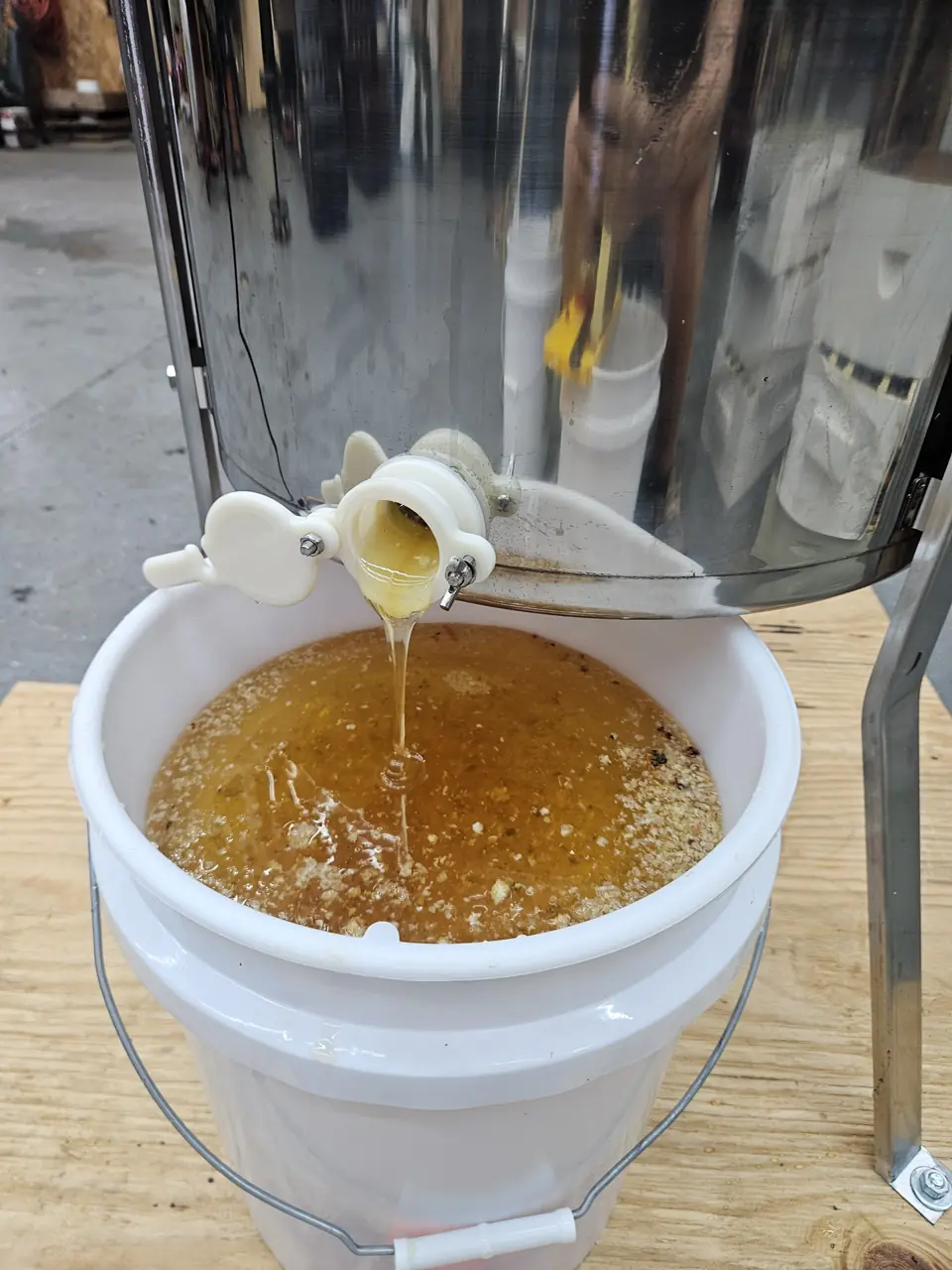 Fresh honey flowing from a stainless steel extractor into a white bucket