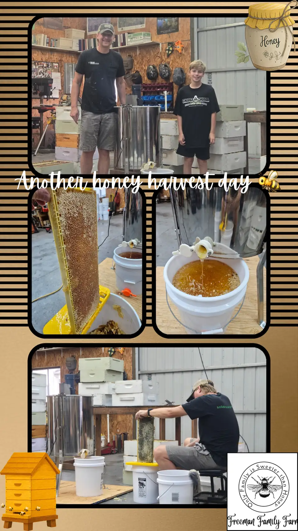 Photo collage of the family extracting honey in the barn