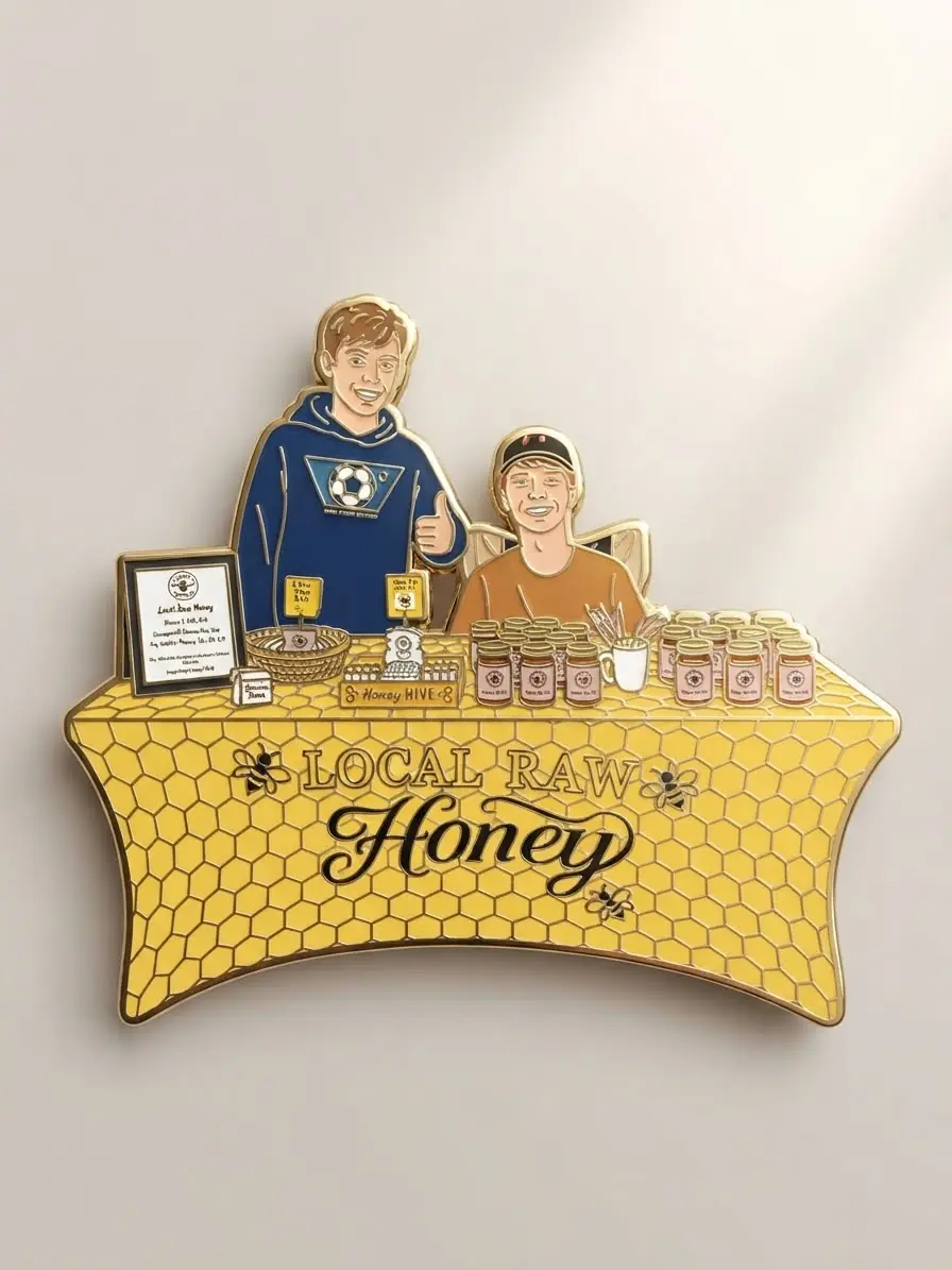 Illustration of two boys behind a table of Freeman honey