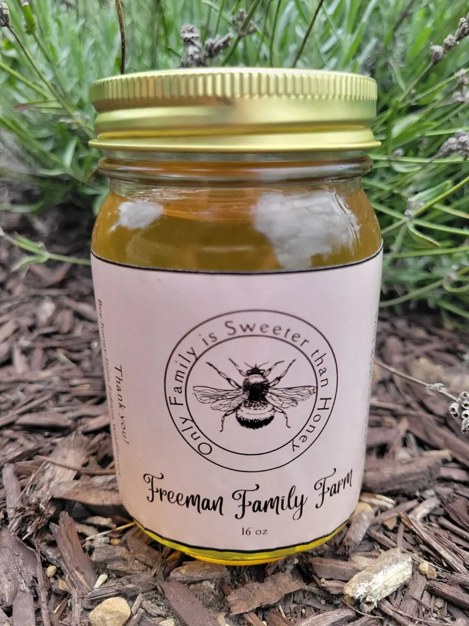 A labeled jar of Freeman Family Farm honey